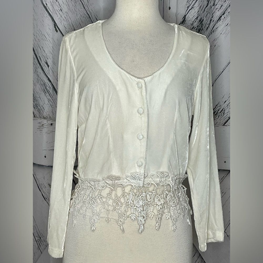 Vintage Ivory Velvet Lace Trimmed Crop Top S